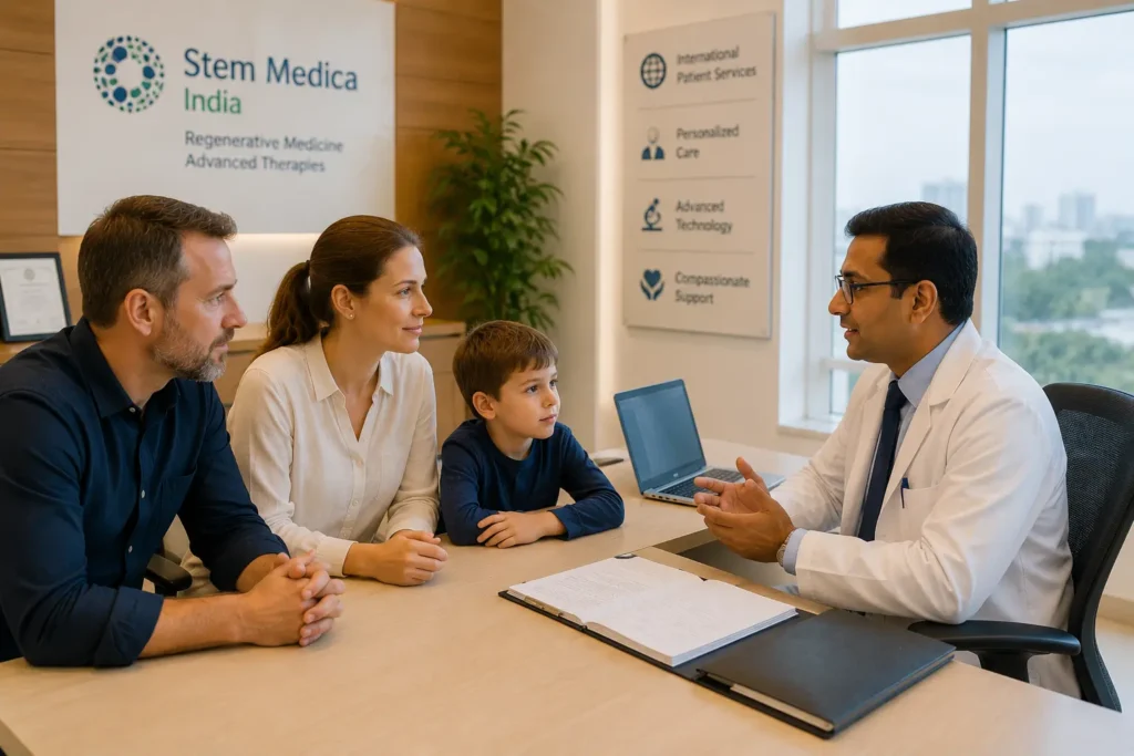 Stem Cell Therapy for Autism in India: What Parents Should Know 3 International parents discussing medical care with a doctor in India