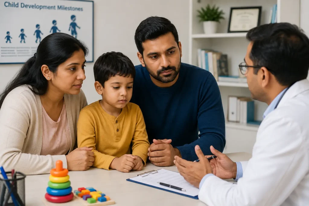 Parents discussing autism treatment options with a doctor in India